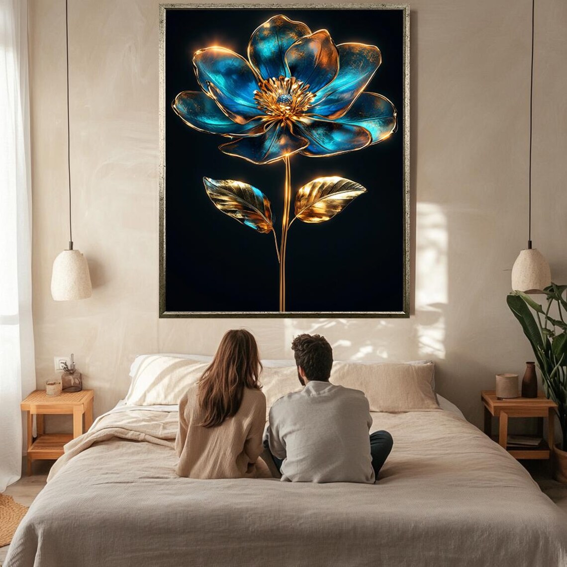 Luxury Metallic Blue And Gold Flower Wall Art Elegant 3d Floral Artwork For Modern Home Decor Large Gold Framed Botanical - Image 2
