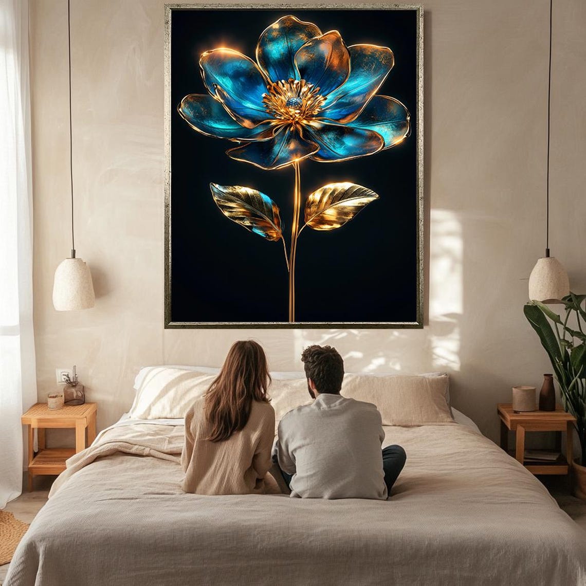 Metallic Blue Gold Flower Glowing Bloom Black Background Wall Art - Image 2