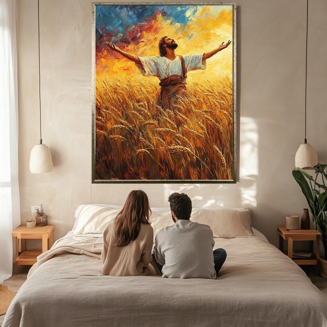 Jesus Arms Raised Golden Wheat Field Harvest Worship Painting Poster - Image 2