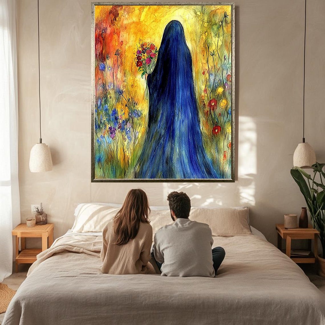 Virgin Mary Blue Veil Wildflower Meadow Watercolor Christian Wall Art - Image 2