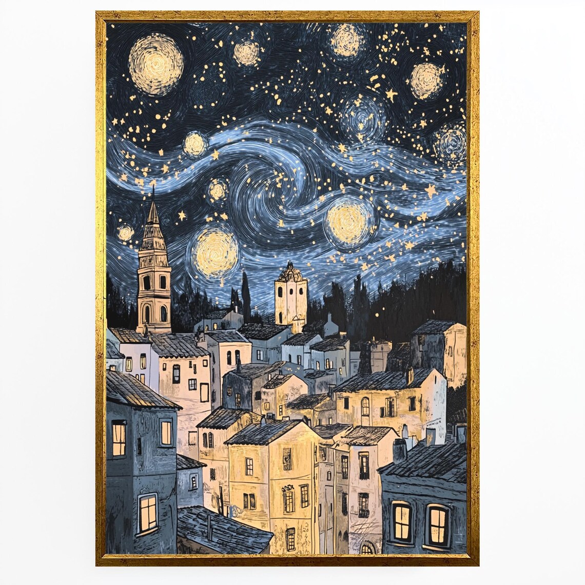 Starry Night Old Town Fantasy Townscape Van Gogh Style Art Poster - Image 4