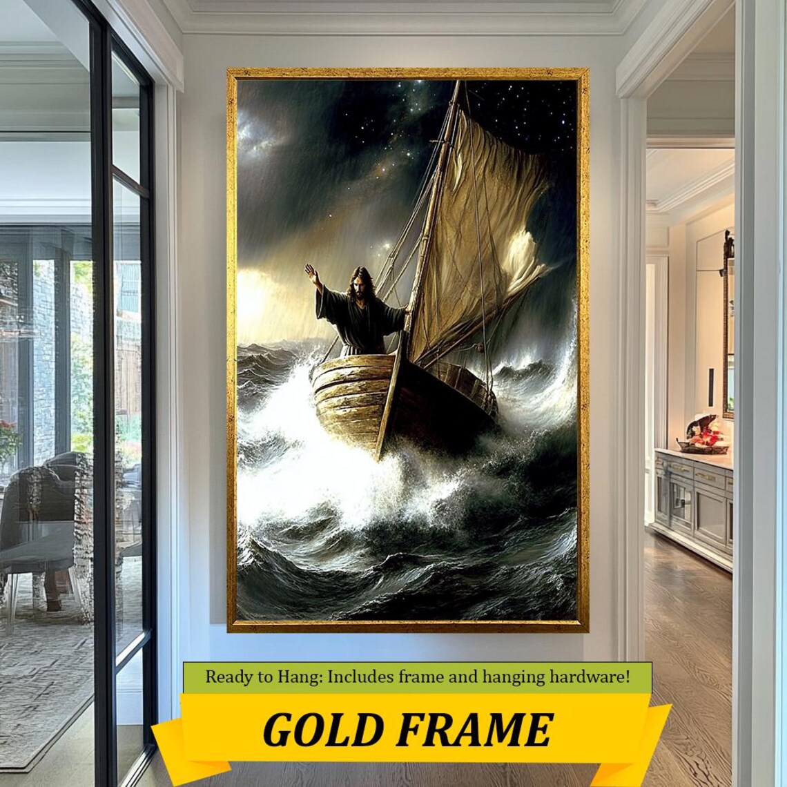 Jesus Calming The Storm In Wooden Sailboat Night Sea Christian Poster - Image 5
