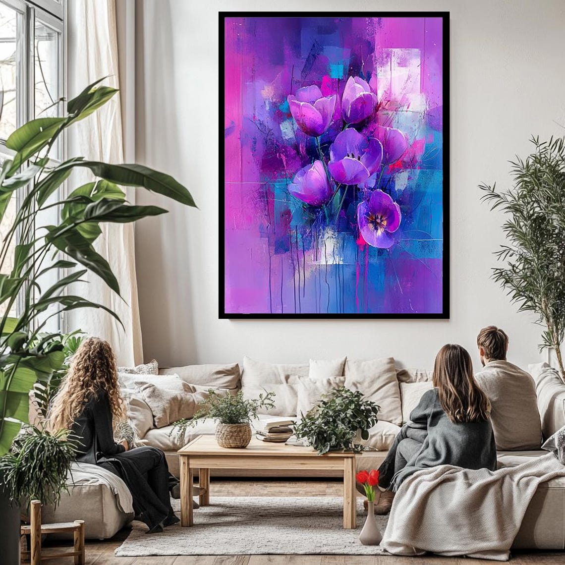Abstract Purple Tulips Vibrant Floral Painting Modern Bold Wall Art - Image 3