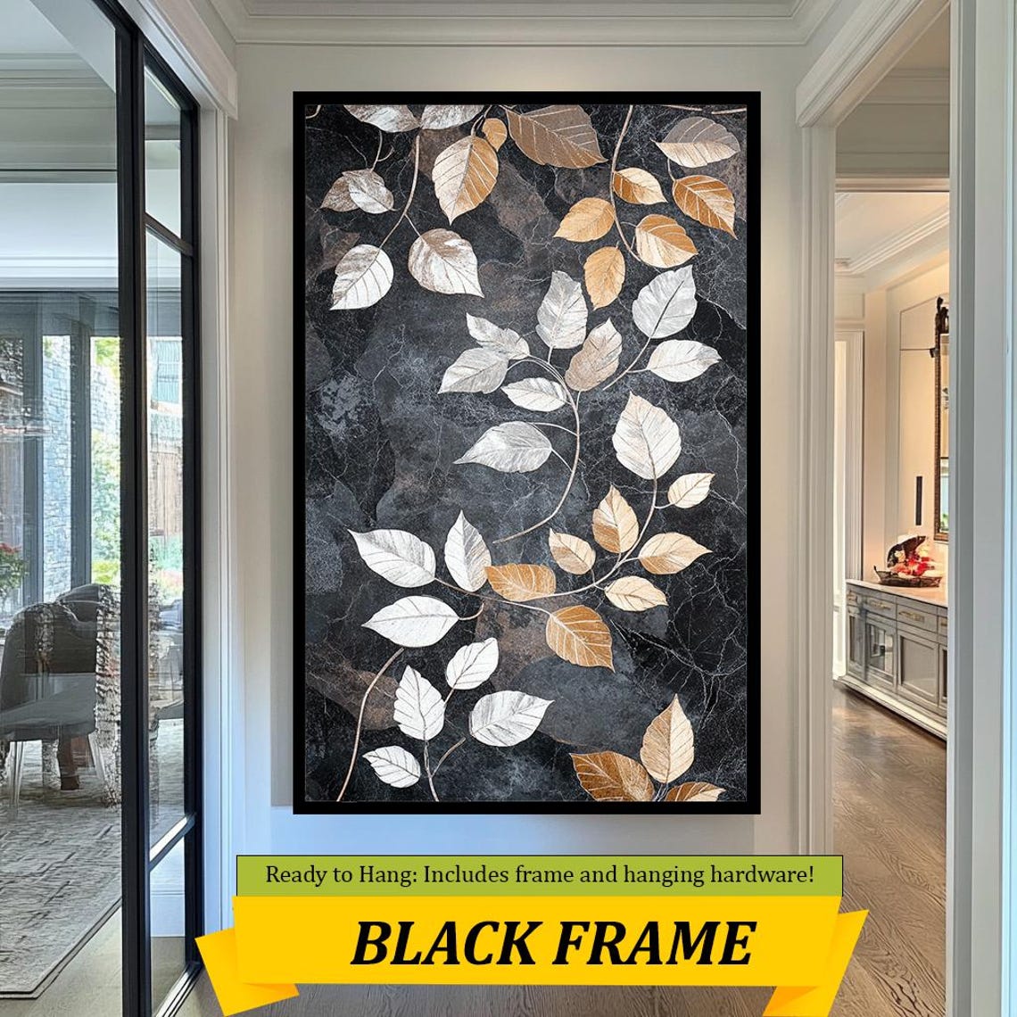 Gold And Silver Leaves Black Marble Botanical Modern Luxury Wall Art - Image 5