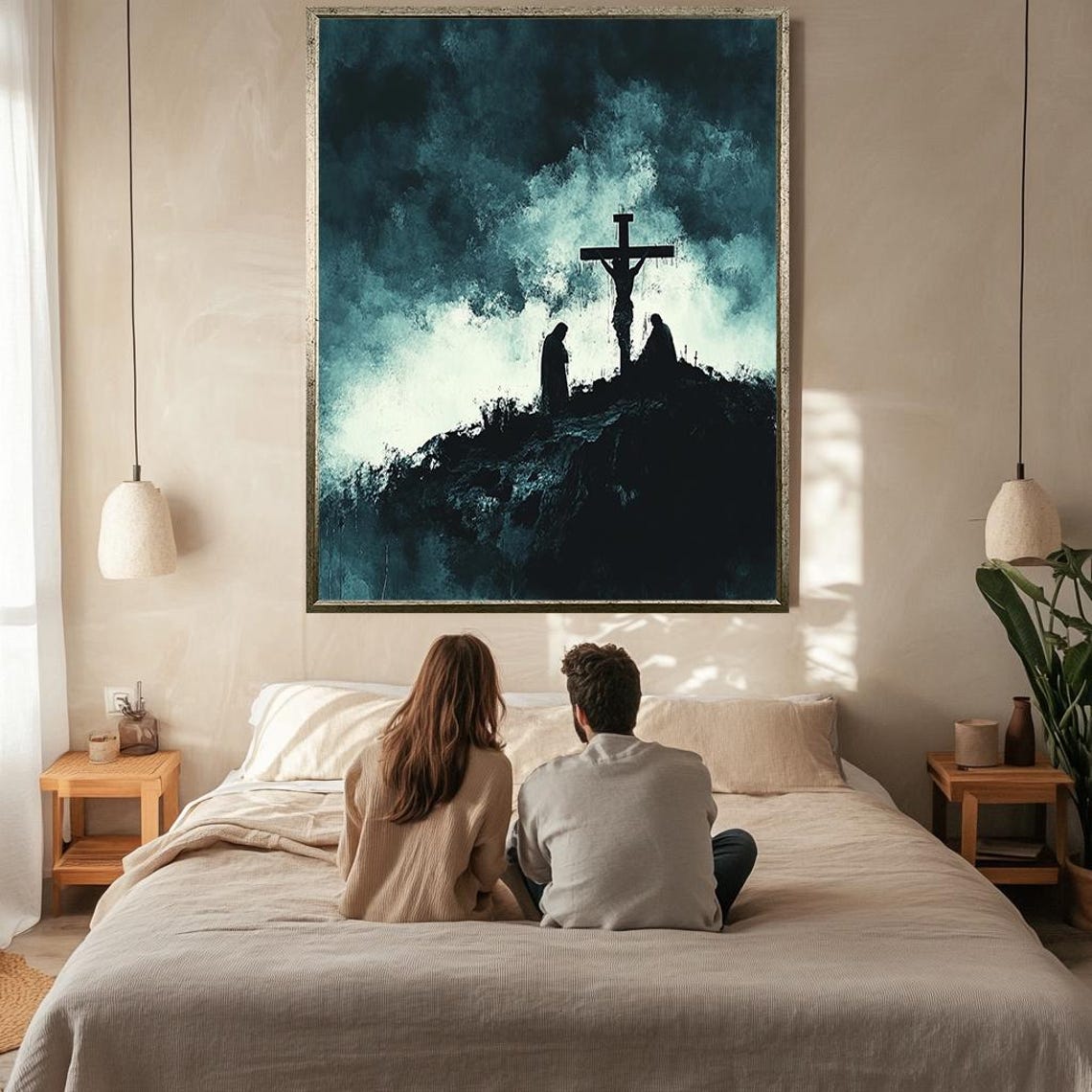 Crucifixion Silhouette Cross Teal Smoke Abstract Spiritual Art Poster - Image 2