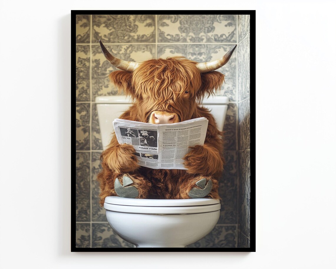 Funny Highland Cow Sitting On Toilet Reading Newspaper Bathroom Poster - Image 4