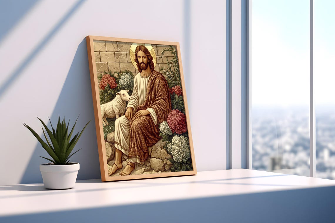 Jesus Christ Seated With Lamb Garden Stone Wall Faith Art Wall Poster - Image 5