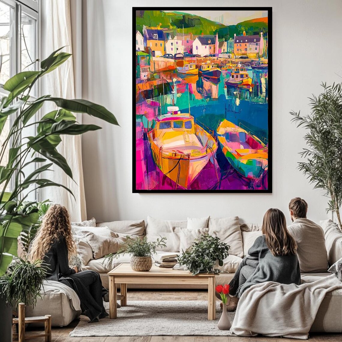 Colorful Harbor Boats Coastal Village Vibrant Nautical Travel Poster - Image 3