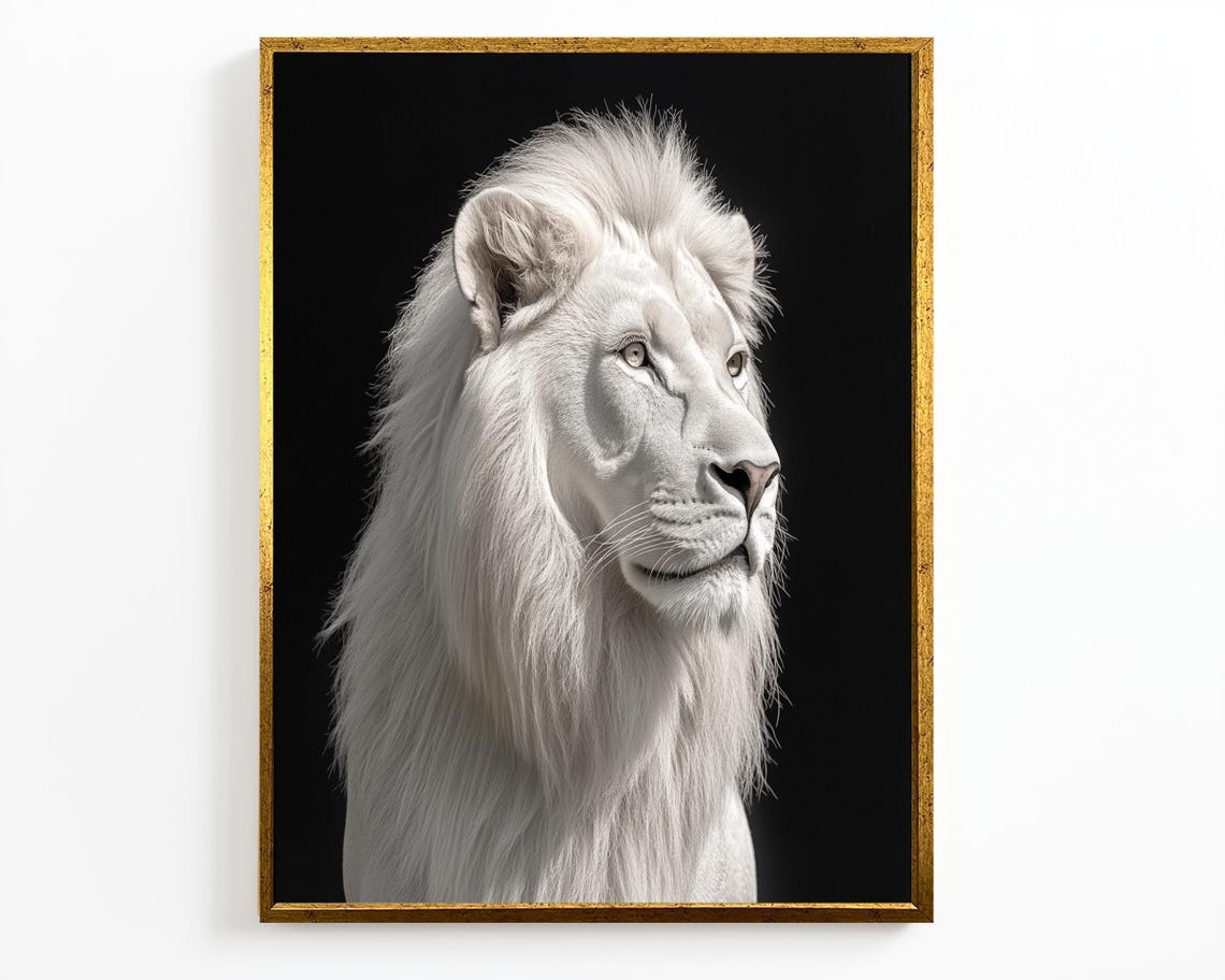 White Lion Side Profile Portrait On Black Background Dramatic Wall Art - Image 4