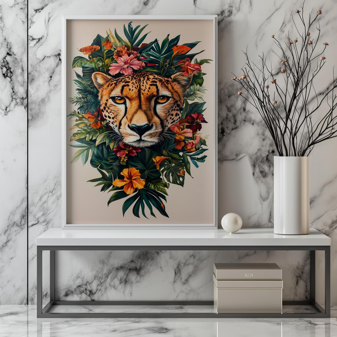 Cheetah Face Tropical Flowers Jungle Botanical Wildlife Wall Poster - Image 3