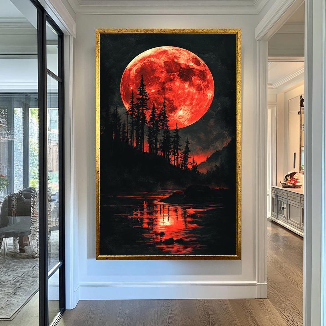 Blood Red Moon Over Pine Forest Lake Night Reflection Gothic Poster - Image 2