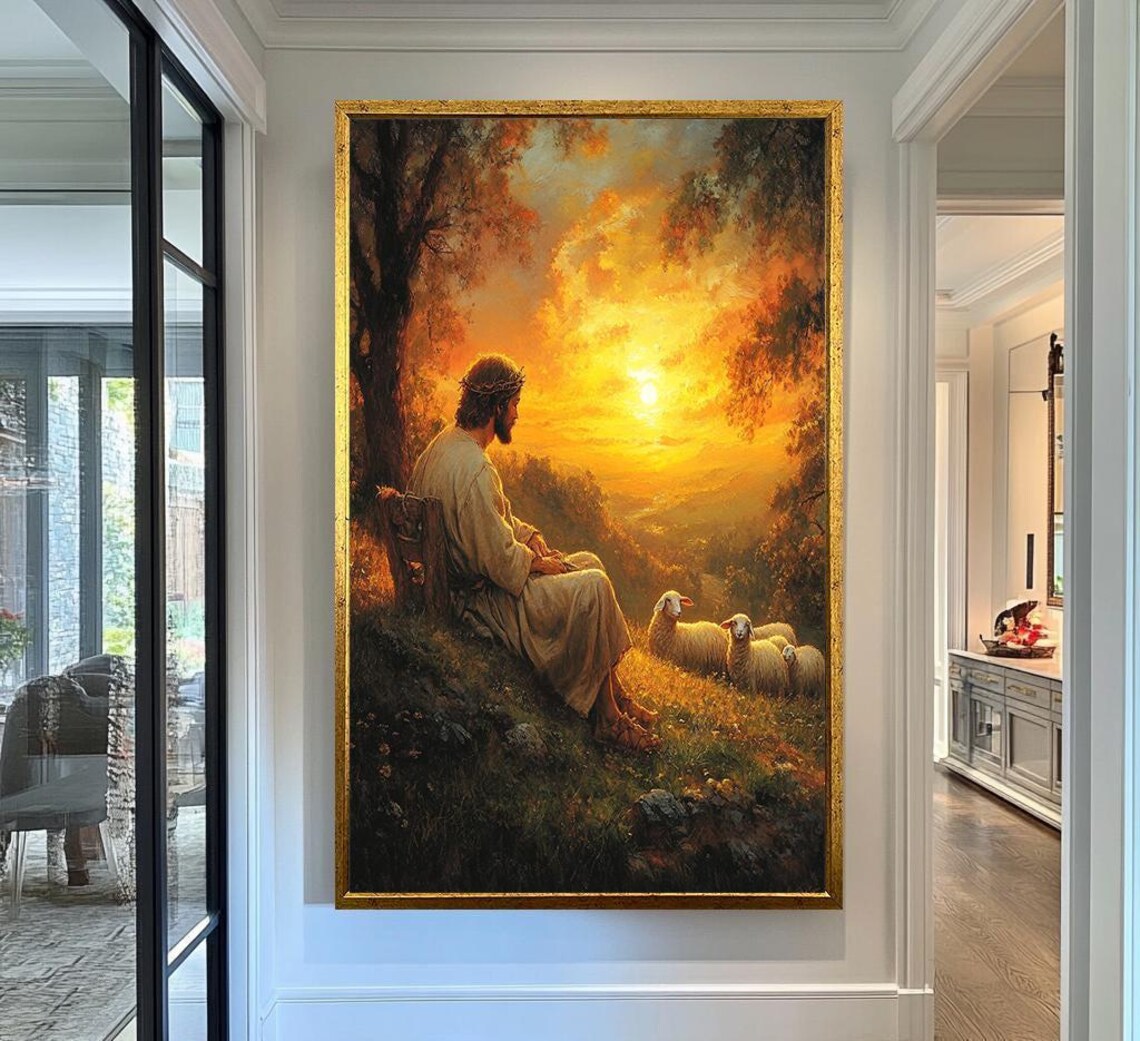 Good Shepherd Jesus Resting With Sheep Golden Sunset Meadow Wall Poster