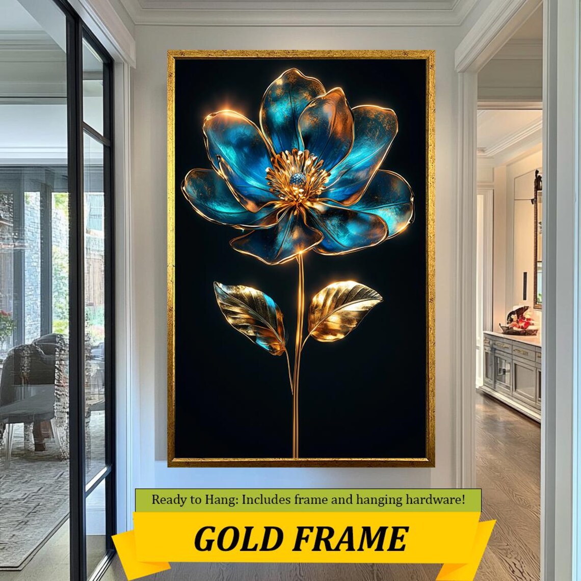 Luxury Metallic Blue And Gold Flower Wall Art Elegant 3d Floral Artwork For Modern Home Decor Large Gold Framed Botanical - Image 5