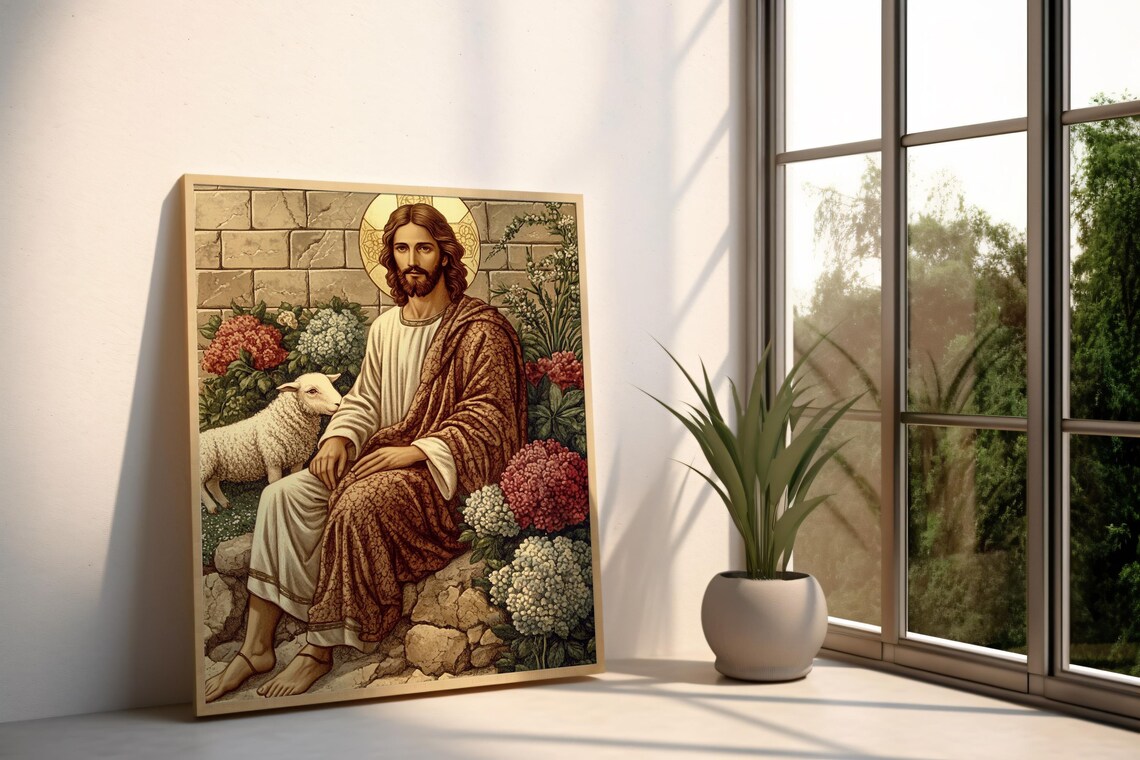 Jesus Christ Seated With Lamb Garden Stone Wall Faith Art Wall Poster - Image 2