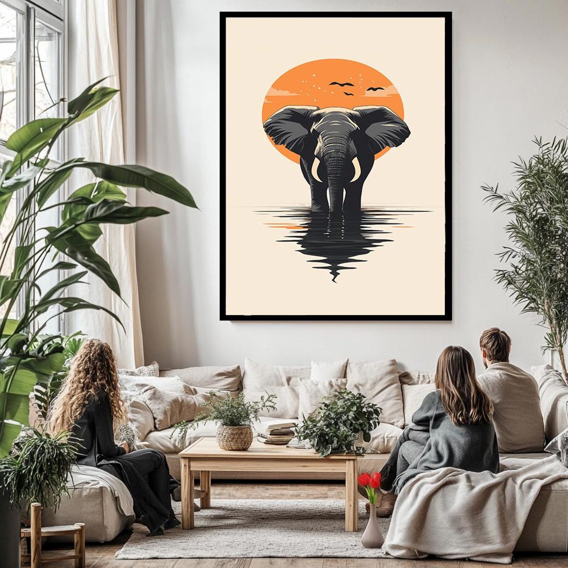 Minimalist Elephant Orange Sun Silhouette Water Reflection Art Poster - Image 3
