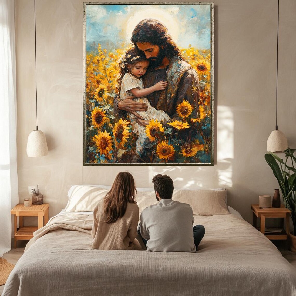 Jesus Embracing Child In Golden Sunflower Field Tender Christian Poster - Image 2