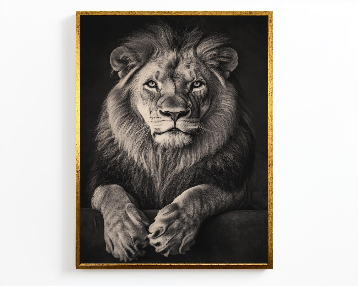 Black And White Lion Portrait Paws Resting Dark Majestic Wall Art - Image 4