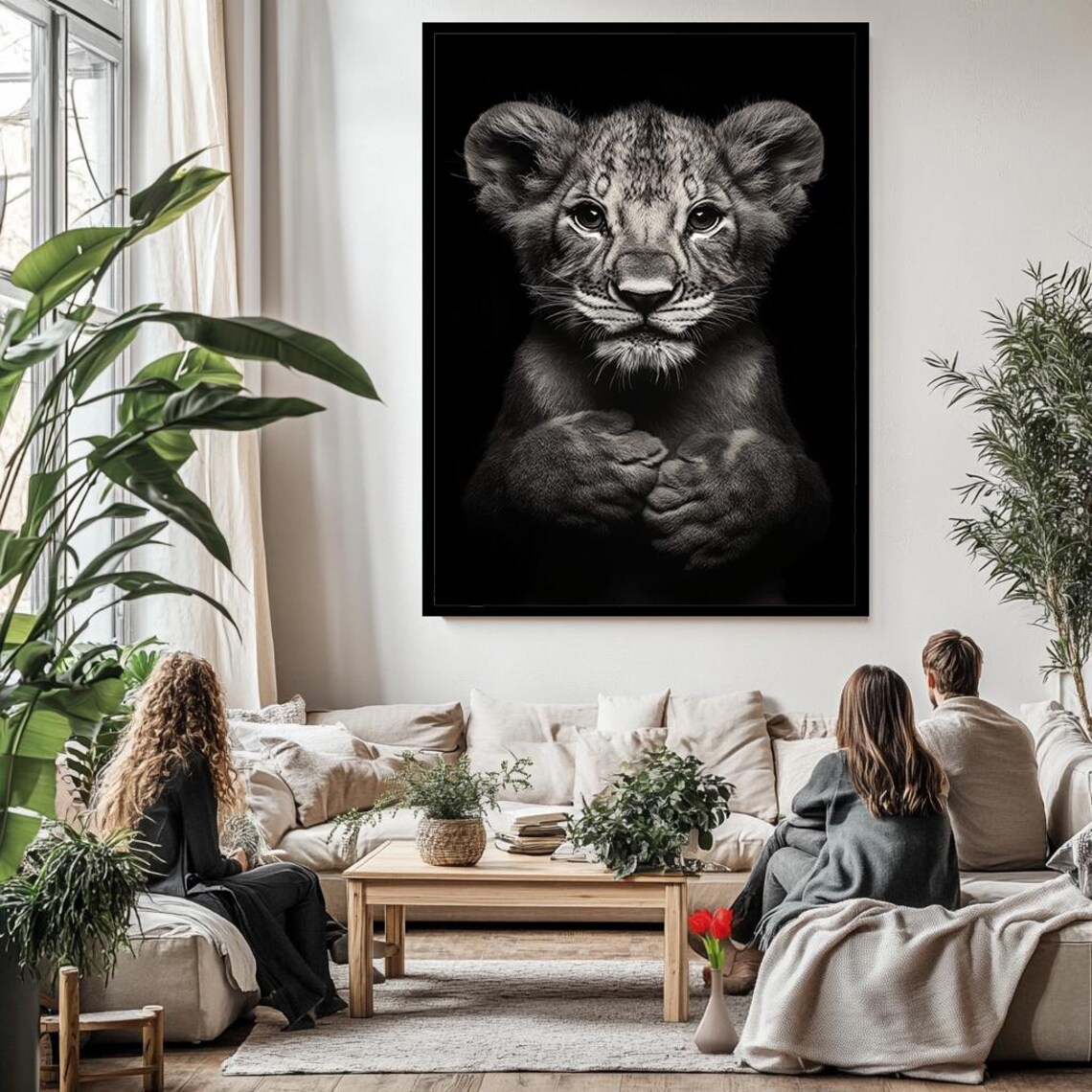 Black And White Lion Cub Portrait Cute Baby Lion Dark Background Poster - Image 3