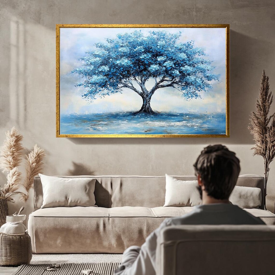 Elegant Blue Tree Art Textured Palette Knife Painting Modern Abstract Tree Wall Decor Serene Nature Artwork For Home - Image 4