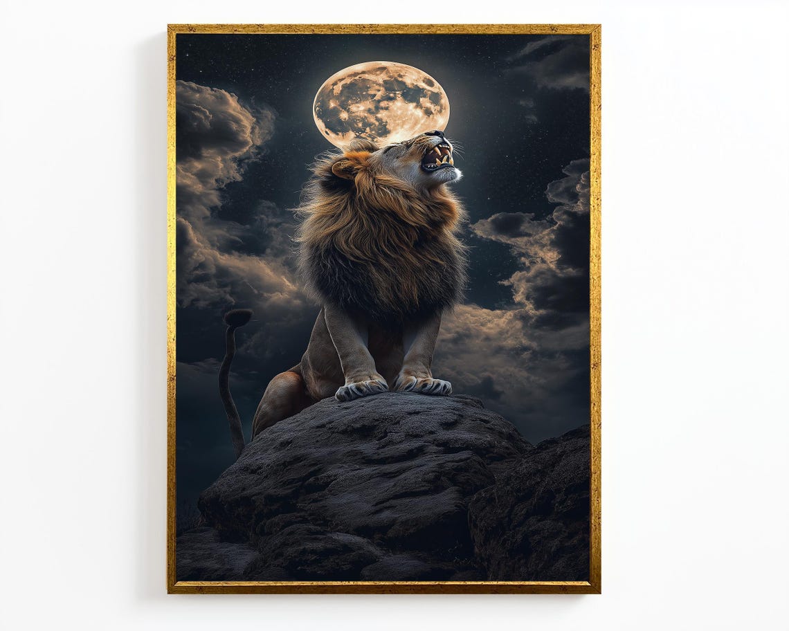 Lion Roaring at Full Moon Dramatic Cloudy Night Sky Wildlife Poster - Image 4