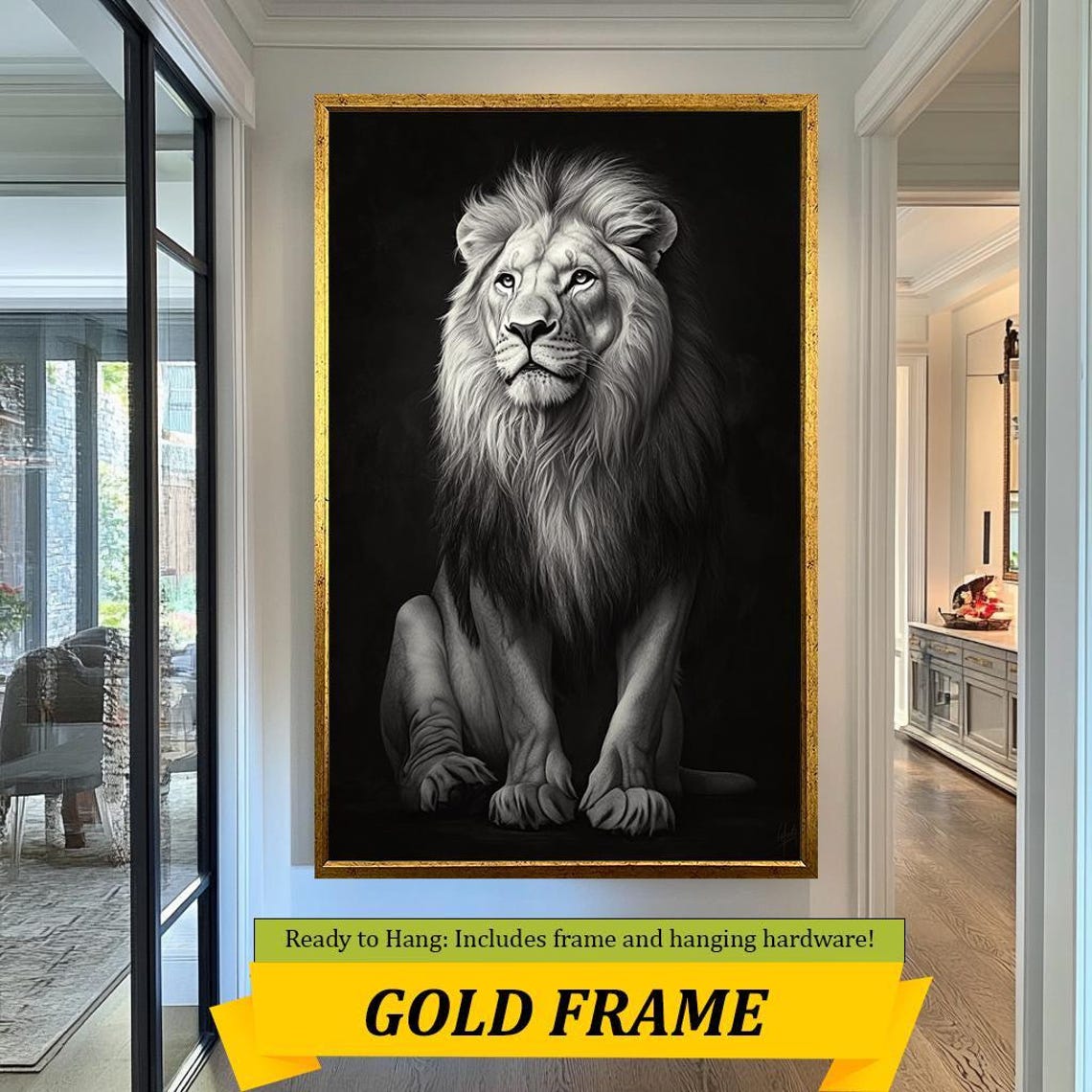 White Lion Seated Portrait Black Background Regal Full Mane Print - Image 5