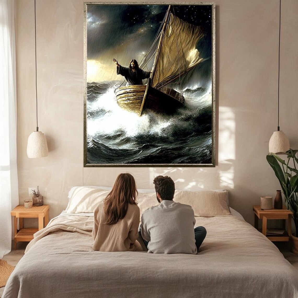 Jesus Calming The Storm In Wooden Sailboat Night Sea Christian Poster - Image 2