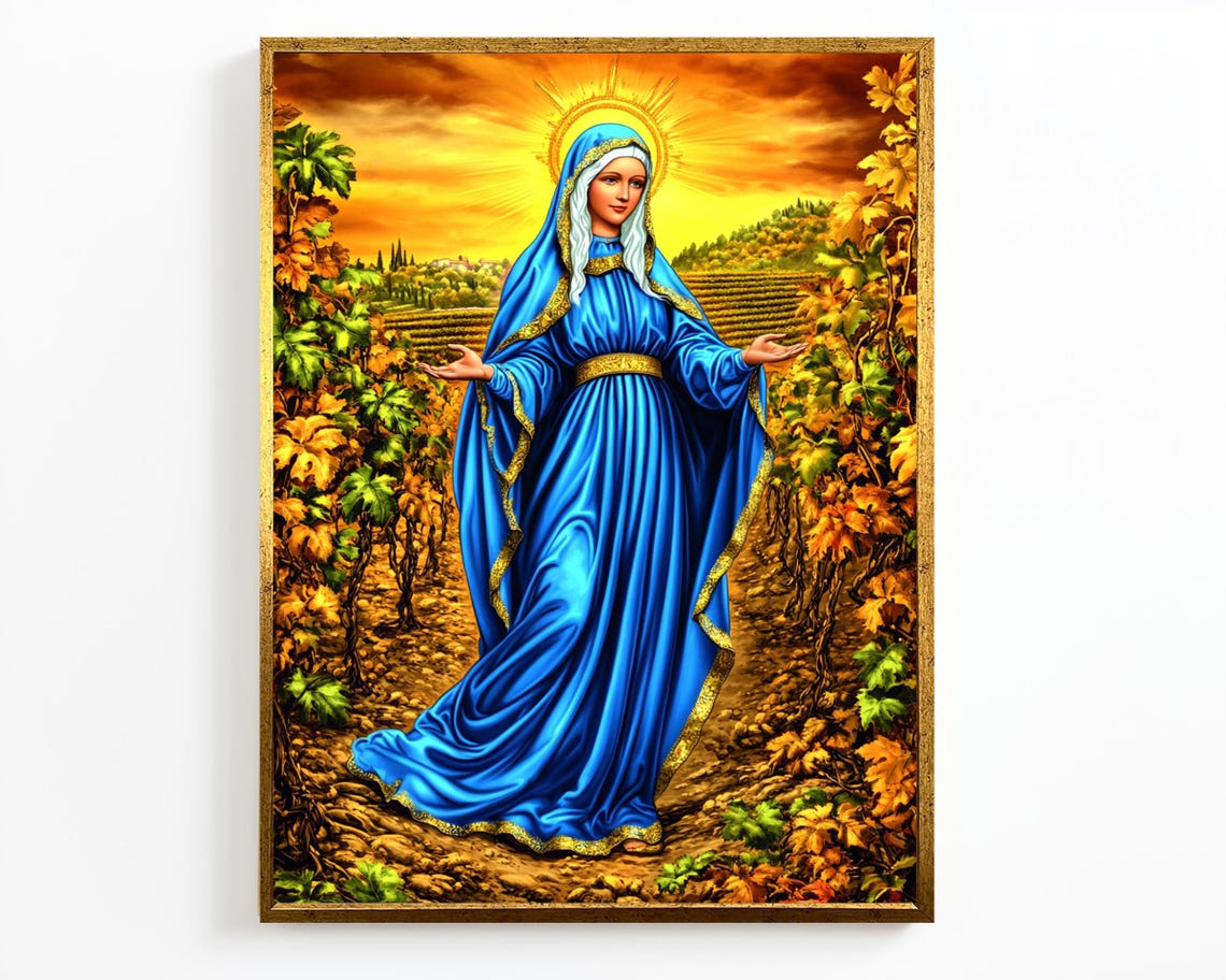 Virgin Mary In Blue Robe Vineyard Sunset Golden Halo Religious Poster - Image 4