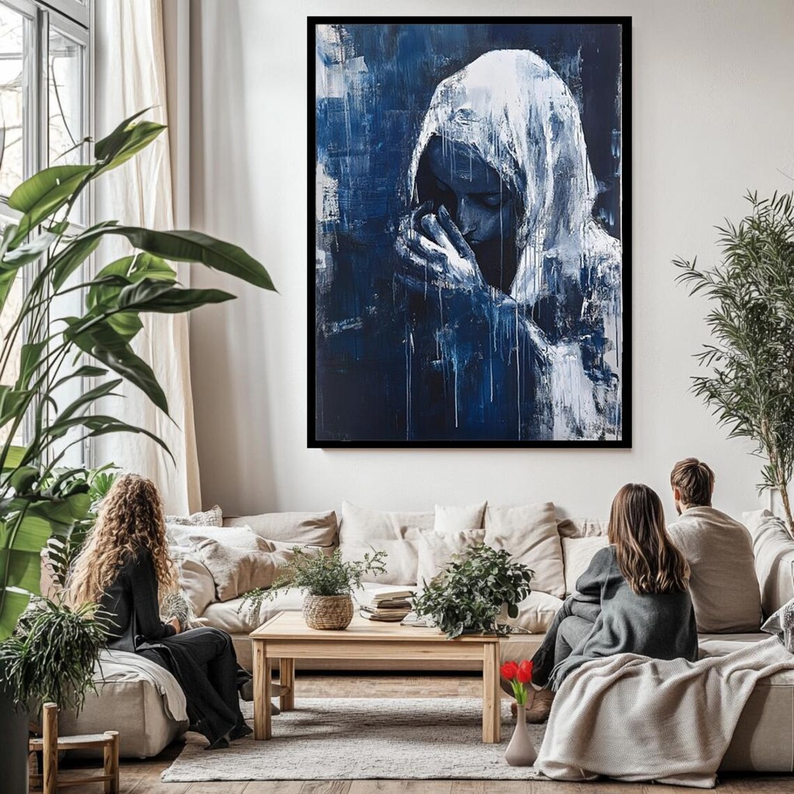 Veiled Woman Praying Blue Monochrome Abstract Spiritual Art Poster - Image 3