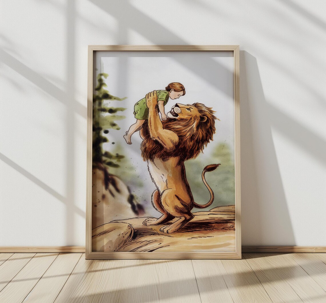 Gentle Lion Lifting Little Boy Storybook Illustration Nursery Wall Art