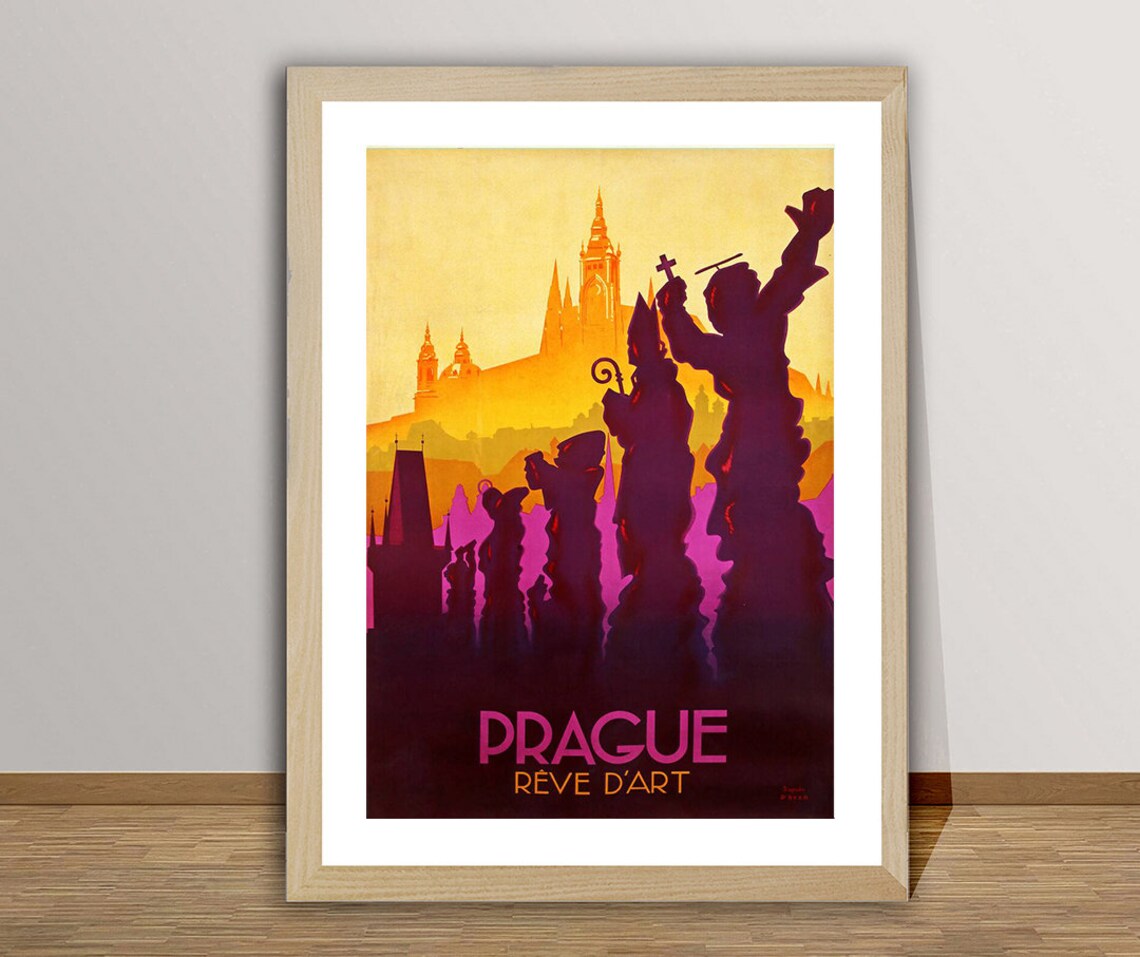 Prague Reve dArt Charles Bridge Saints Vintage Art Deco Travel Poster