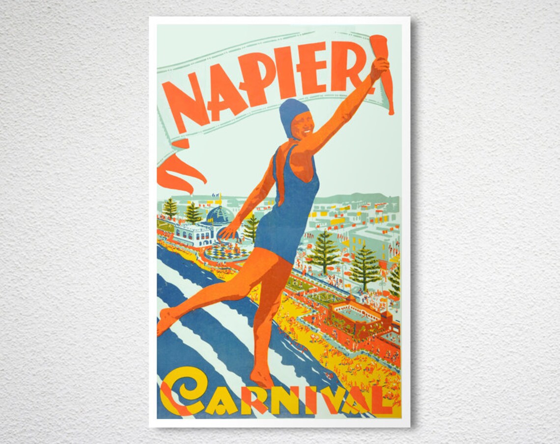 Napier Carnival Swimmer Vintage New Zealand Beach Poster Art - Image 2