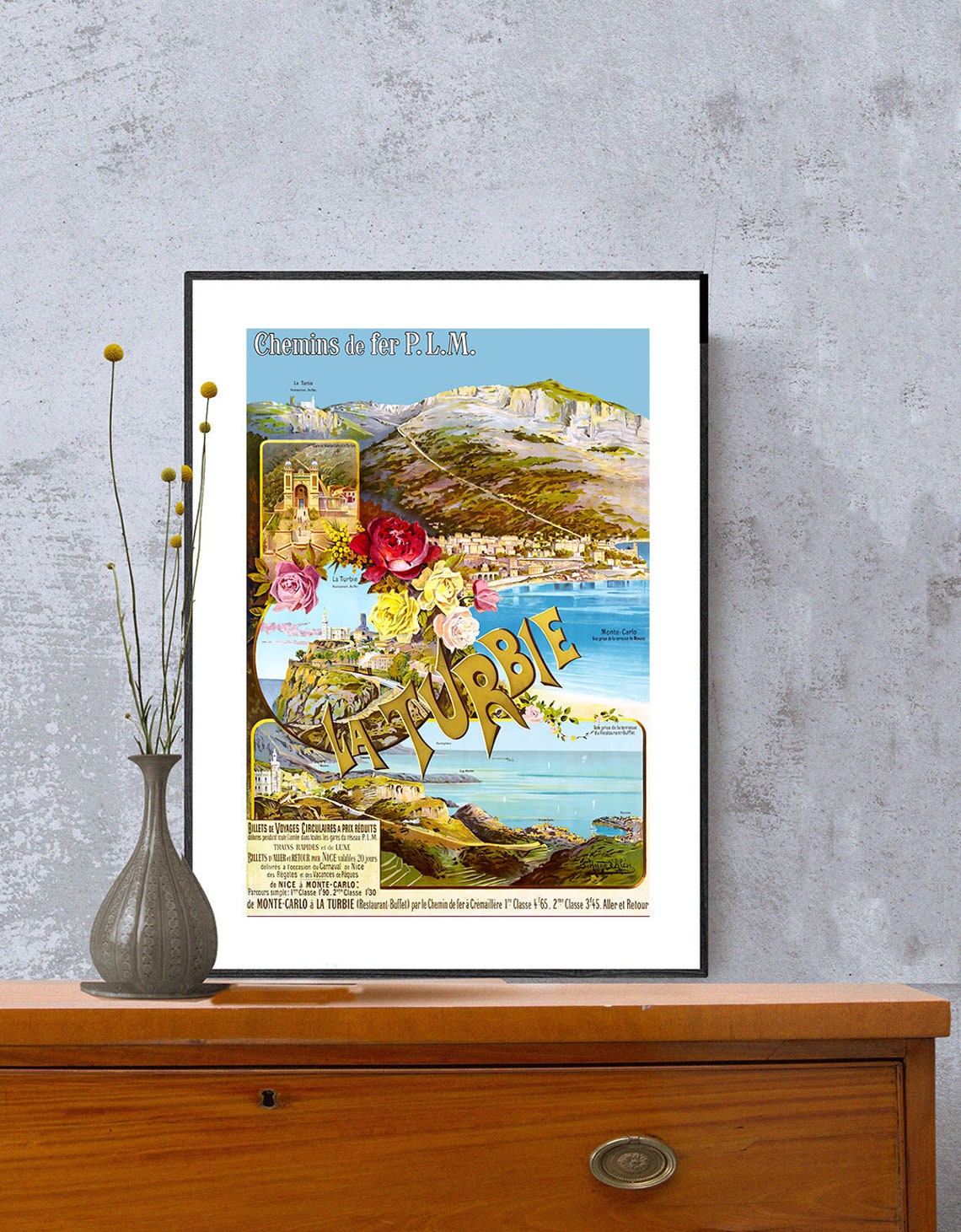 La Turbie Monte Carlo PLM French Riviera Vintage Travel Poster