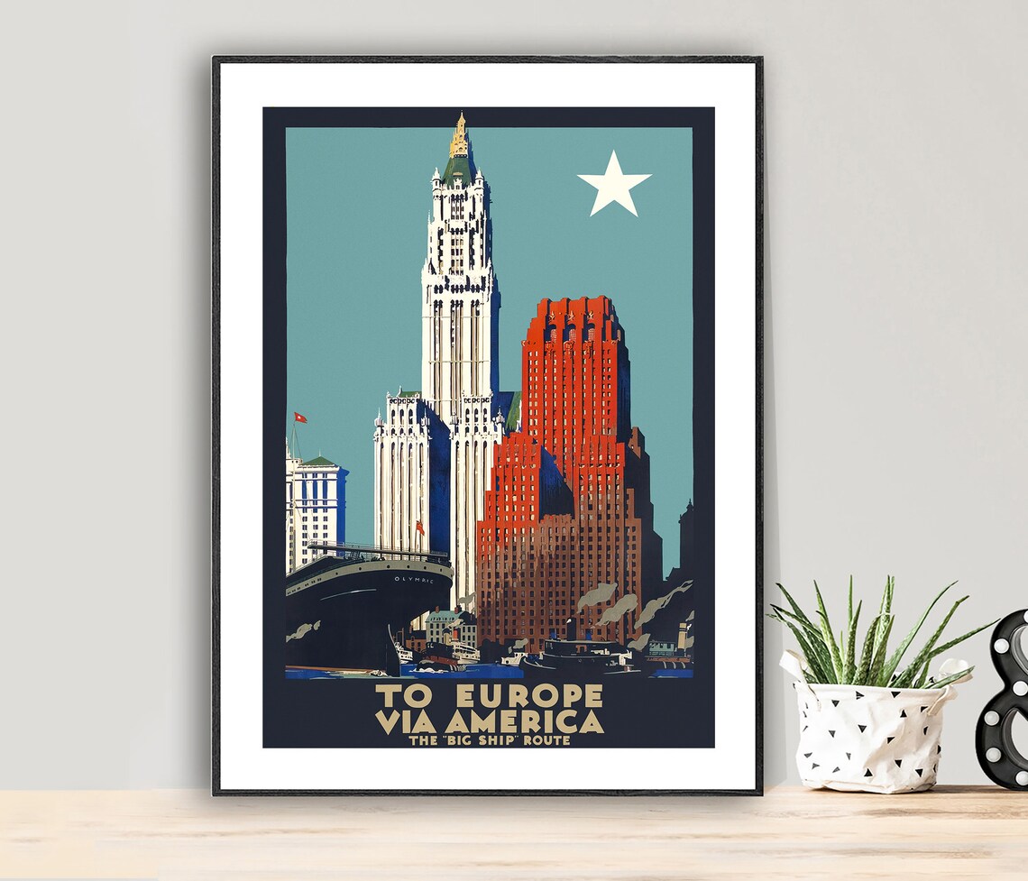 To Europe via America the Big Ship Route New York Travel Poster