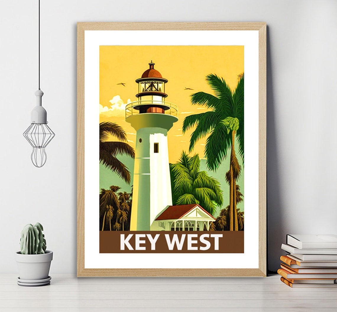 Key West Lighthouse Palm Trees Golden Sunset Vintage Florida Poster - Image 2