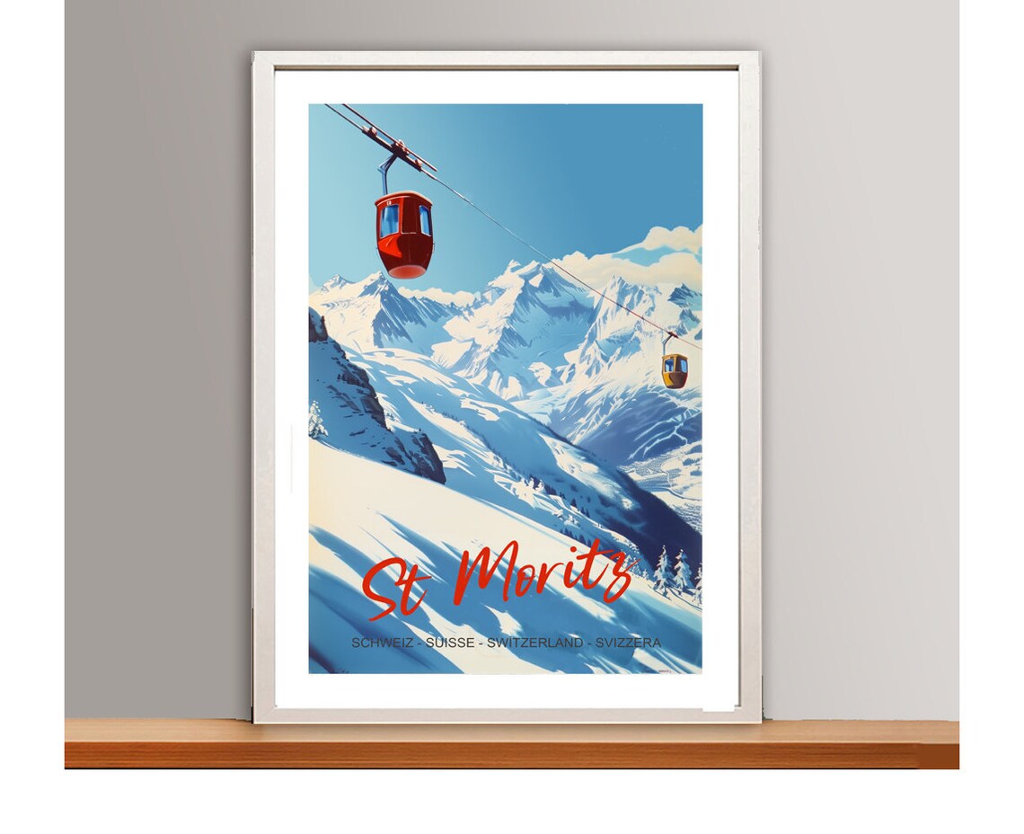St Moritz Switzerland Red Gondola Cable Car Snowy Peaks Ski Resort Poster - Image 2