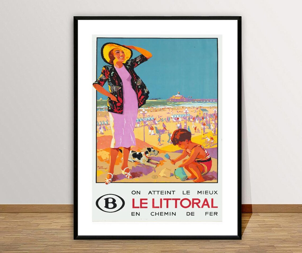 Le Littoral French Railway Beach Day Woman and Child Vintage Poster - Image 2