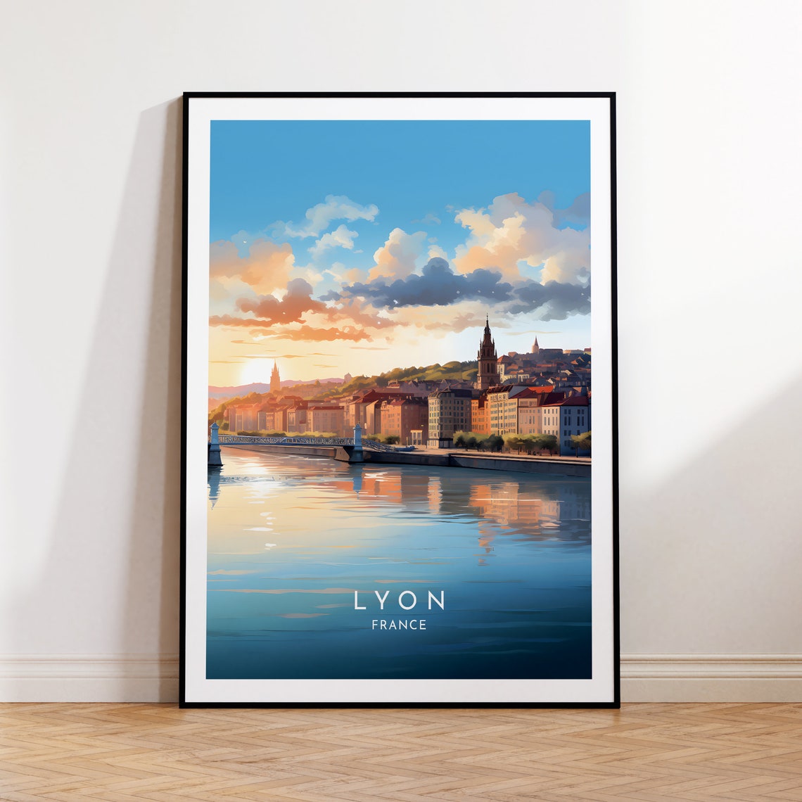 Lyon France Old Town Riverfront Golden Sunset Reflective Poster