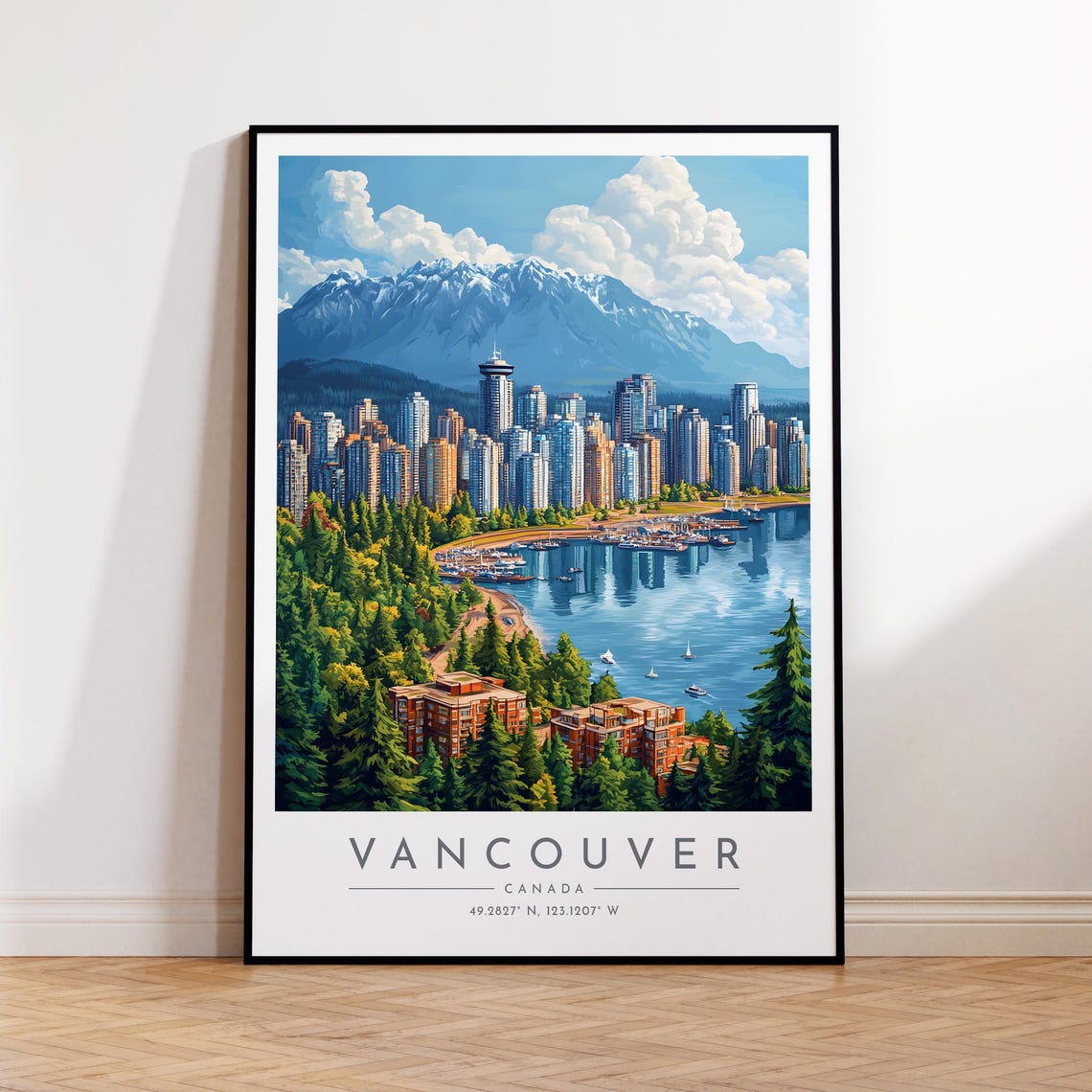 Vancouver Skyline Harbour Snow Mountains Canada Travel Poster