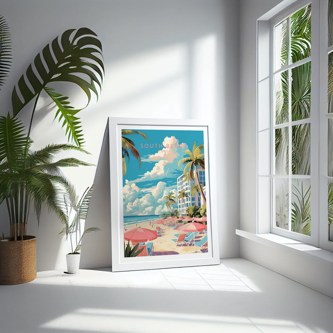 South Beach Florida Palm Trees Pink Umbrella Beach Scene Poster - Image 4