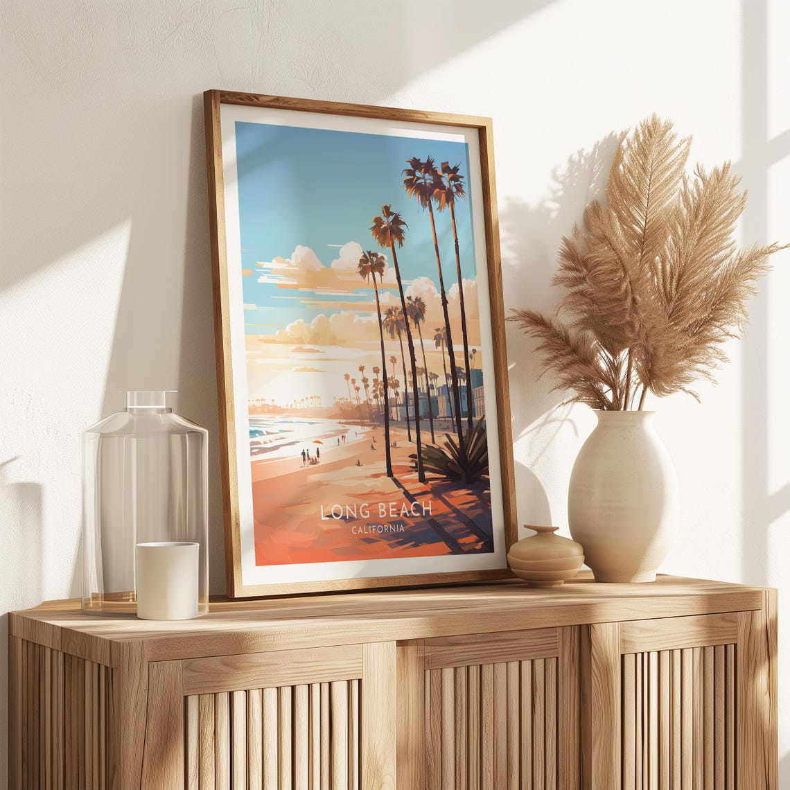 Long Beach California Palm Lined Shore Sunset Beach Day Poster - Image 2