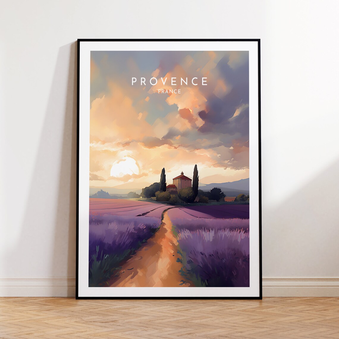 Provence France Lavender Field Farmhouse Path Sunset Travel Poster