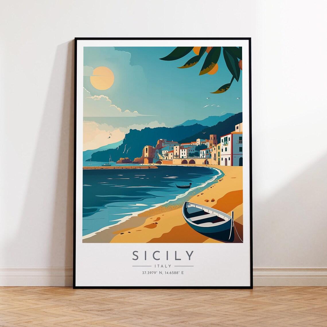 Sicily Golden Beach Coastal Town Italy Seaside Travel Poster