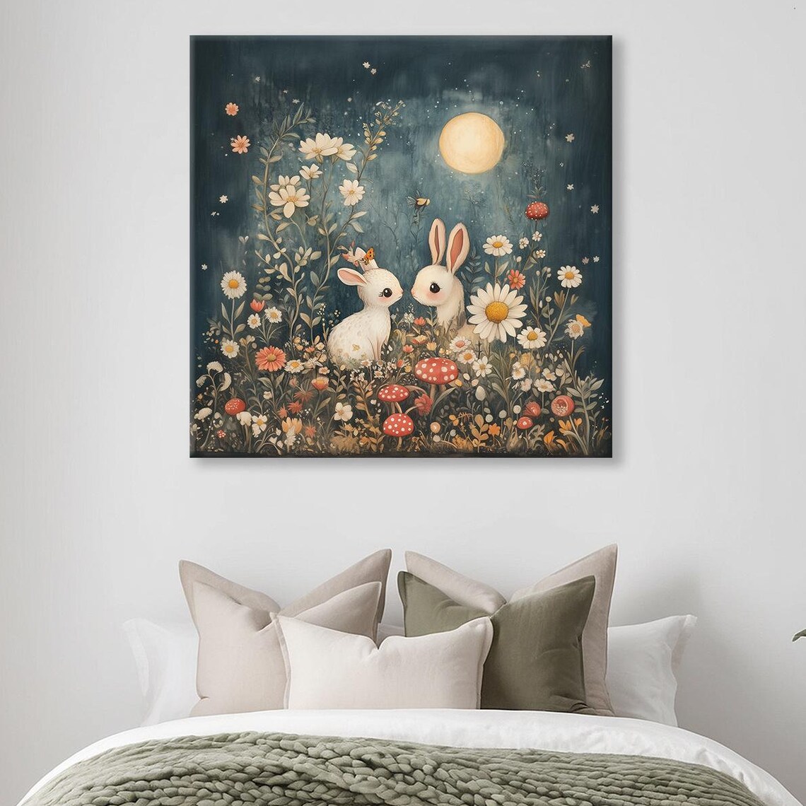 Bunnies Moonlight Garden Wildflower Mushroom Whimsy Kids Poster