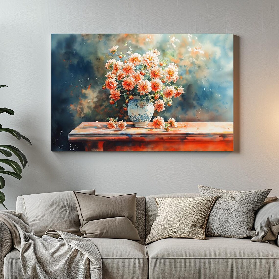 Peach Dahlias in Blue Vase Dark Moody Watercolor Floral Poster