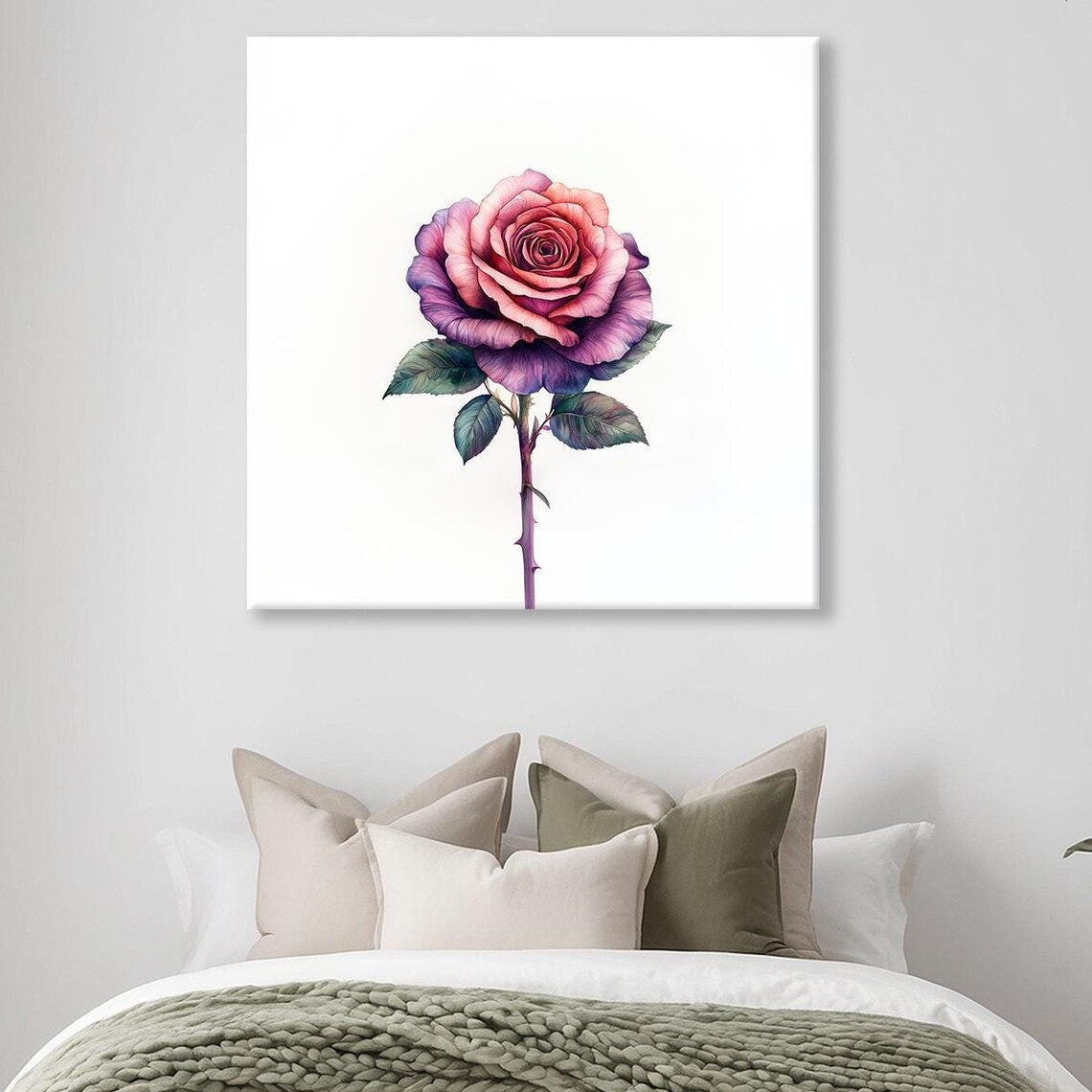 Purple Pink Rose Watercolor Single Stem Minimalist Flower Print