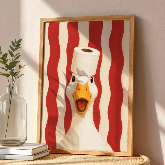 Funny Toilet Paper Goose Print Digital Download Red Bathroom Printable Whimsical Wall Art