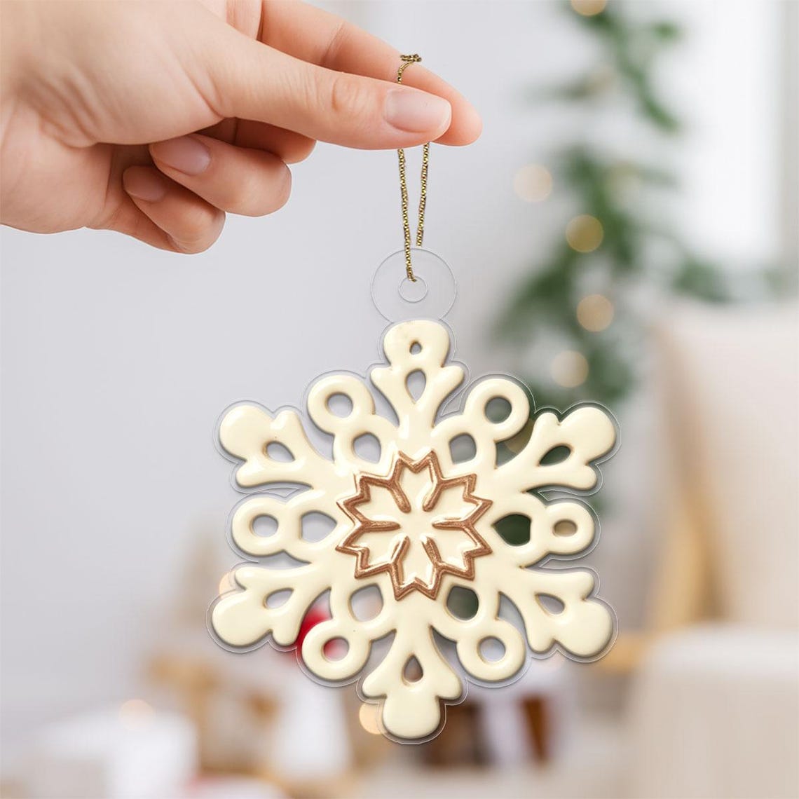 Gold Cream Snowflake Christmas Ornament Elegant Winter Decor Poster