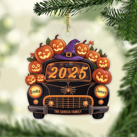 Personalized Halloween Car Acrylic Ornament 2025 Family Name Poster