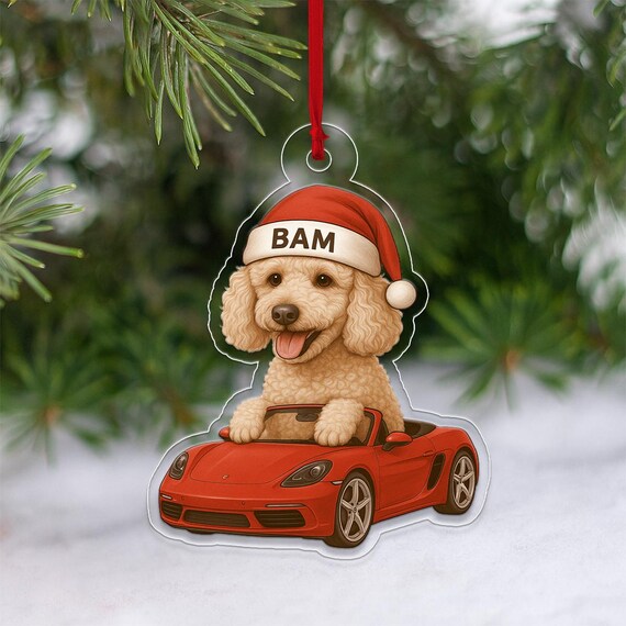 Personalized Poodle Driving Red Sports Car Holiday Ornament Print