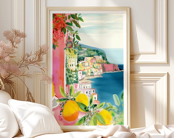 Amalfi Coast Watercolor Lemons Travel Poster